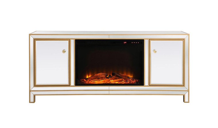 Elegant Reflexion 60 In. Mirrored Tv Stand With Wood Fireplace In Gold MF701G-F1