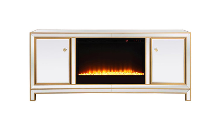 Elegant Reflexion 60 In. Mirrored Tv Stand With Crystal Fireplace In Gold MF701G-F2