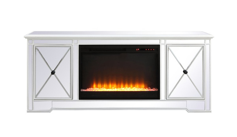 Elegant Modern 60 In. Mirrored Tv Stand With Crystal Fireplace In Antique White MF60160AW-F2
