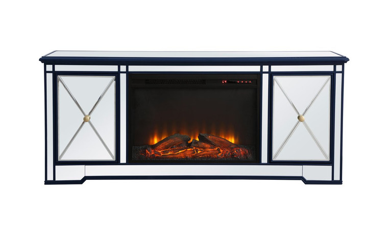Elegant Modern 60 In. Mirrored Tv Stand With Wood Fireplace In Blue MF60160BL-F1