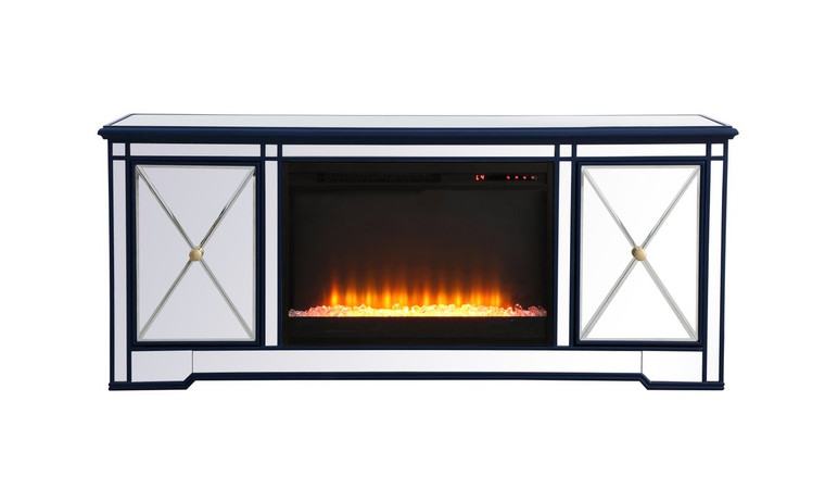 Elegant Modern 60 In. Mirrored Tv Stand With Crystal Fireplace In Blue MF60160BL-F2