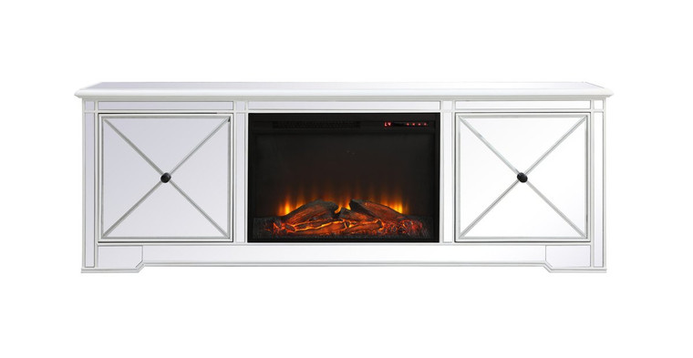Elegant Modern 72 In. Mirrored Tv Stand With Wood Fireplace In Antique White MF60172AW-F1