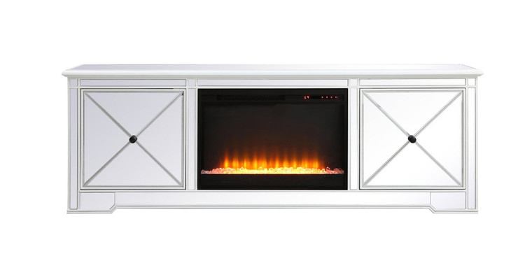 Elegant Modern 72 In. Mirrored Tv Stand With Crystal Fireplace In Antique White MF60172AW-F2