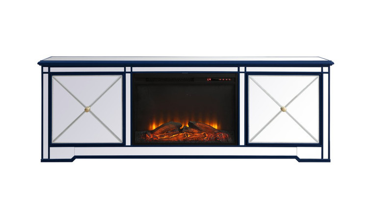 Elegant Modern 72 In. Mirrored Tv Stand With Wood Fireplace In Blue MF60172BL-F1