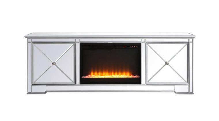 Elegant Modern 72 In. Mirrored Tv Stand With Crystal Fireplace In Antique Silver MF60172S-F2