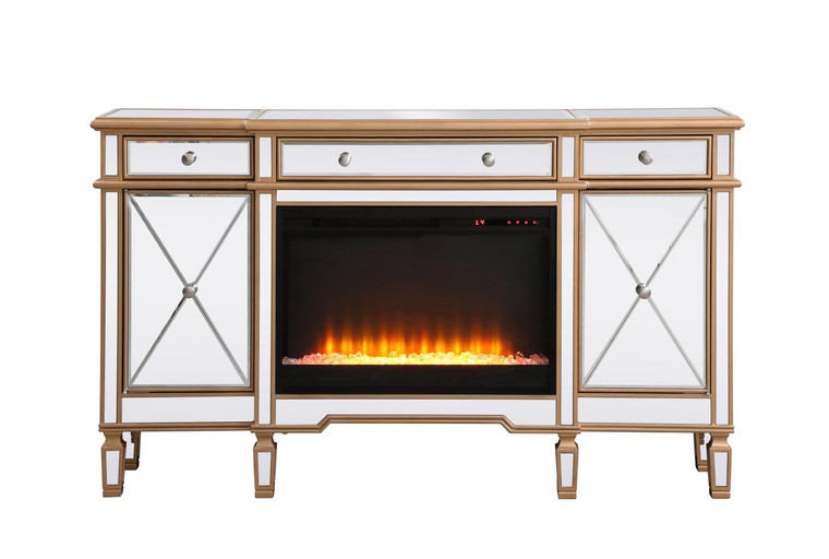 Elegant Contempo 60 In. Mirrored Credenza With Crystal Fireplace In Antique Gold MF61060G-F2