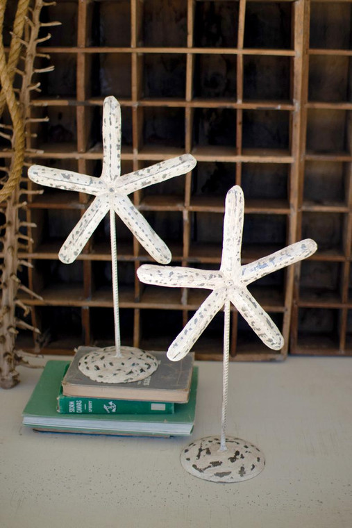 Set Of Two Hand Hammered Metal Starfish On Stands A6338 By Kalalou