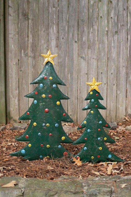 Set Of Two Hand-Hammered Metal Christmas Tree Yard Stakes A6339 By Kalalou