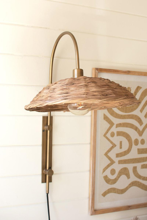 Antique Brass Wall Light With Rattan Shade NEP1074 By Kalalou