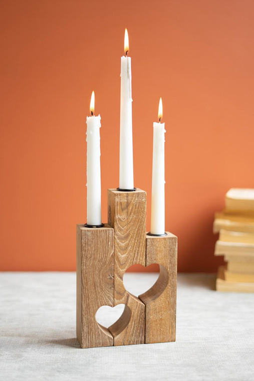 Triple Reclaimed Wood Tea Light Holder - Heart NGA1437 By Kalalou