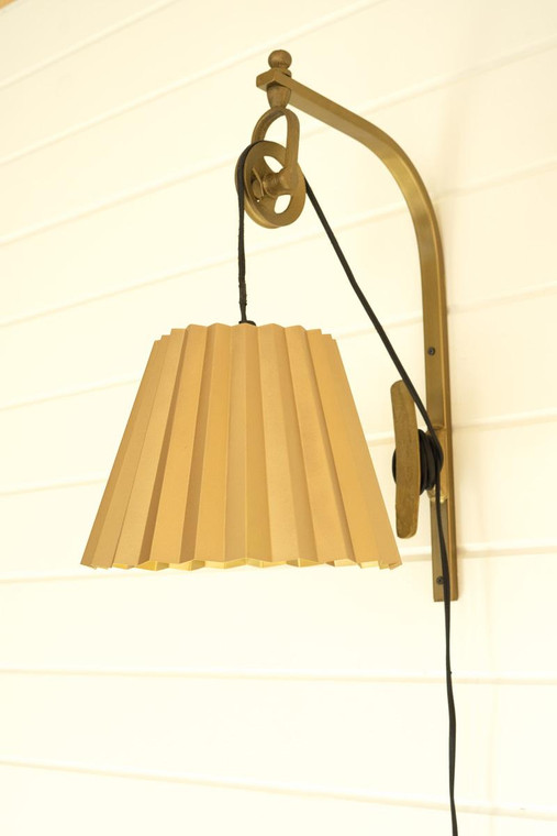Antique Brass Pulley Wall Lamp With Pleated Brass Shade NNL2733 By Kalalou