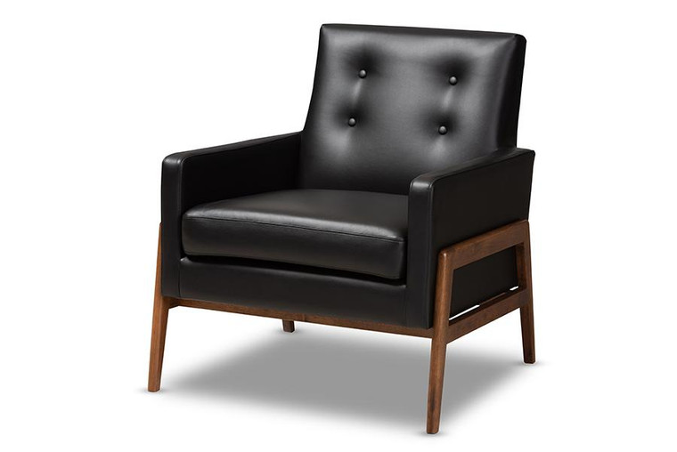 Baxton Studio Black Faux Leather Upholstered Walnut Wood Lounge Chair