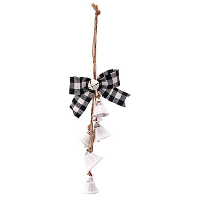 *White Bells W/Black/White Plaid Bow Drop Ornament GRJA2741 By CWI Gifts
