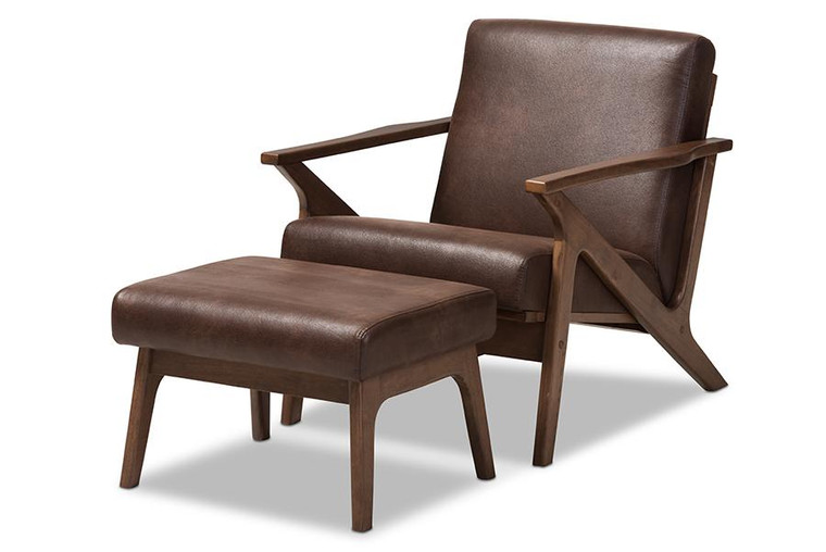 Baxton Studio Bianca Leather Lounge Chair/Ottoman Bianca-Dark Brown/Walnut Brown-2PC-Set