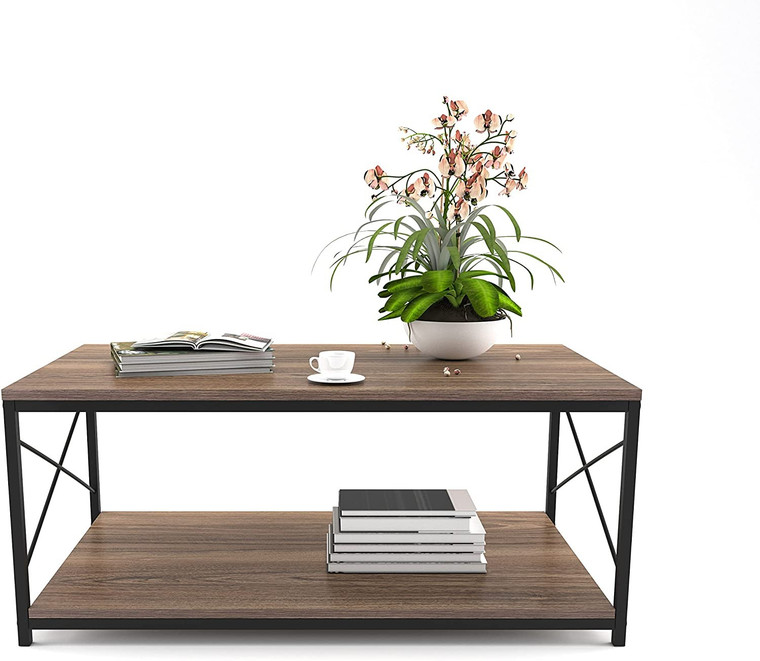 Homeroots Mod Walnut And Black Coffee Table With Shelf 402578