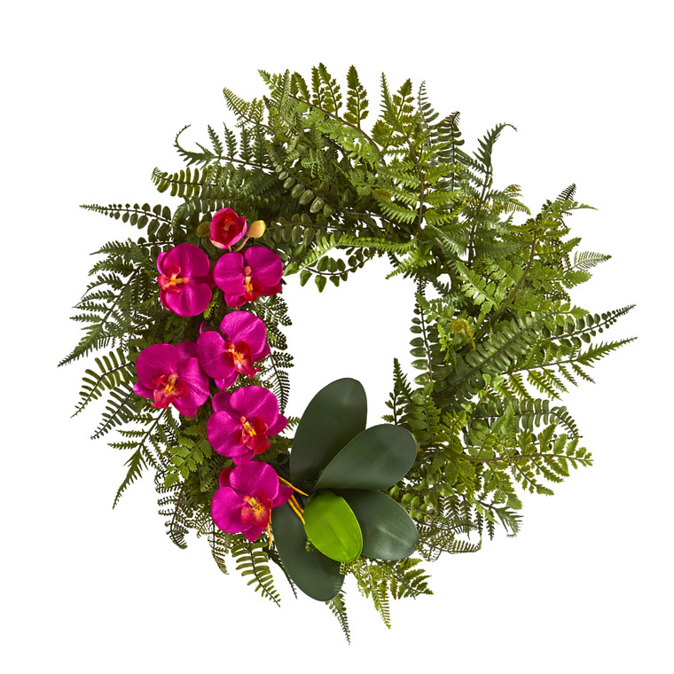 Nearly Natural 23" Mixed Greens And Phalaenopsis Orchid Artificial Wreath - Beauty 4414-BU