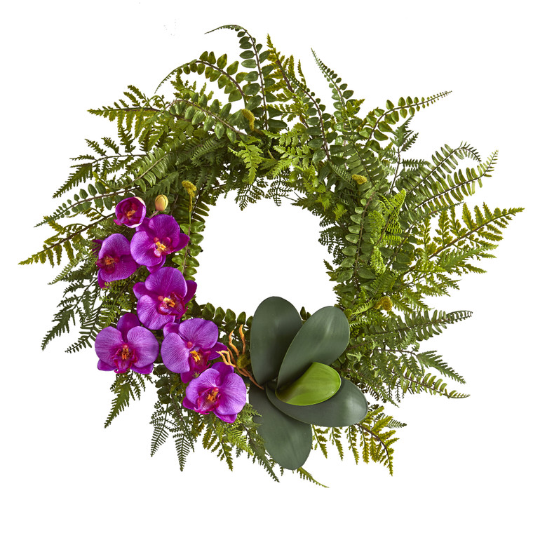 Nearly Natural 23" Mixed Greens And Phalaenopsis Orchid Artificial Wreath - Orchid 4414-OR