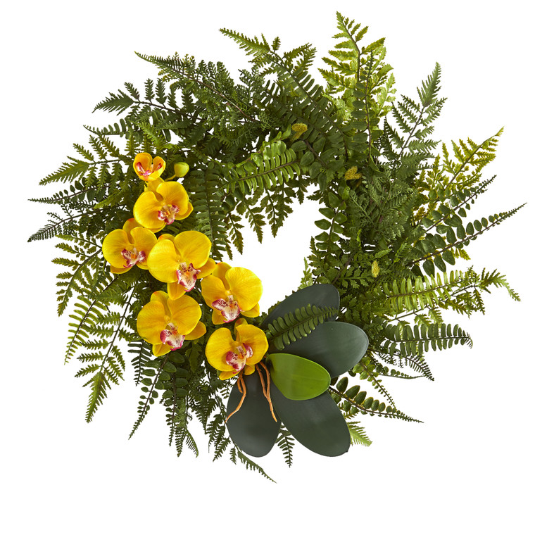 Nearly Natural 23" Mixed Greens And Phalaenopsis Orchid Artificial Wreath - Yellow 4414-YL
