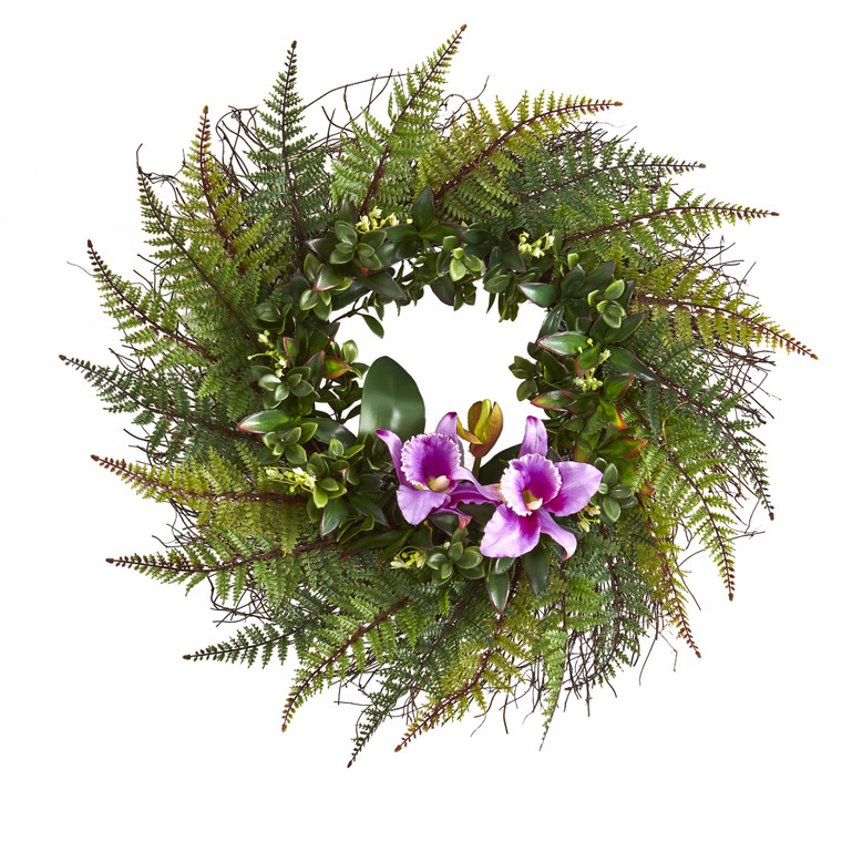 Nearly Natural 23" Assorted Fern And Cattleya Orchid Artificial Wreath - Purple 4418-PP