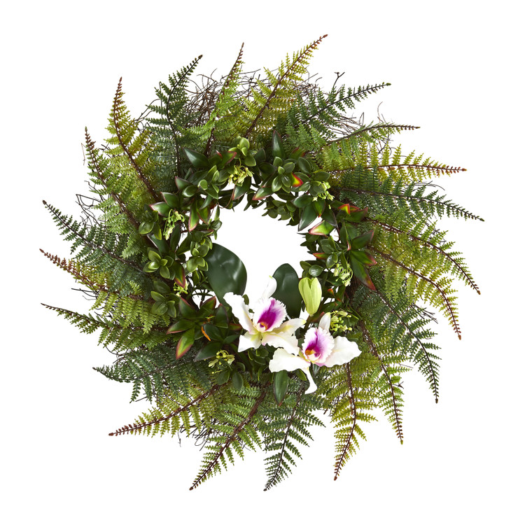 Nearly Natural 23" Assorted Fern And Cattleya Orchid Artificial Wreath - White 4418-WH