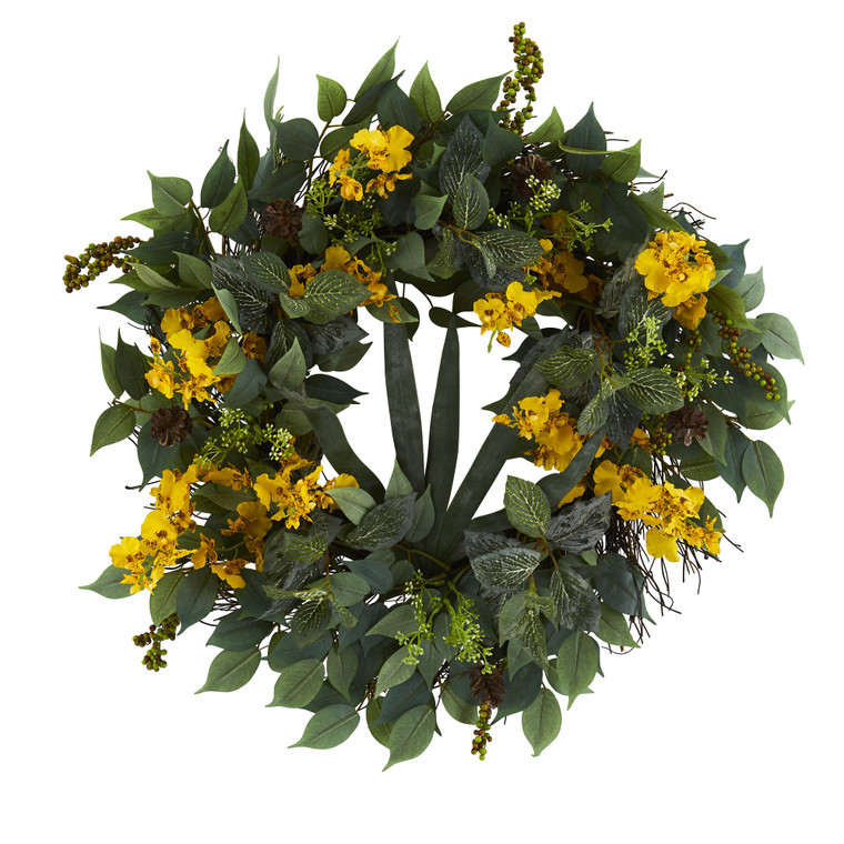 Nearly Natural 23" Mixed Greens And Dancing Lady Orchid Artificial Wreath - Yellow 4424-YL