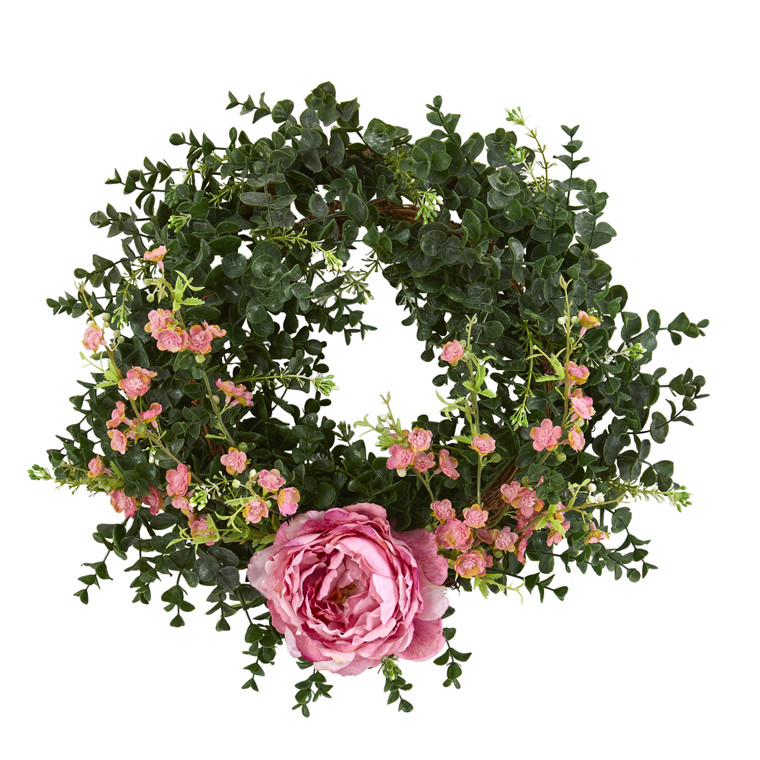 Nearly Natural 18" Eucalyptus, Cherry Blossom And Peony Double Ring Artificial Wreath With Twig Base - Pink 4428-PK