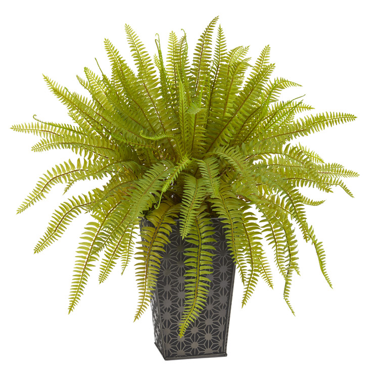 Nearly Natural 14" Fern Artificial Plant In Embossed Tin Planter 8924