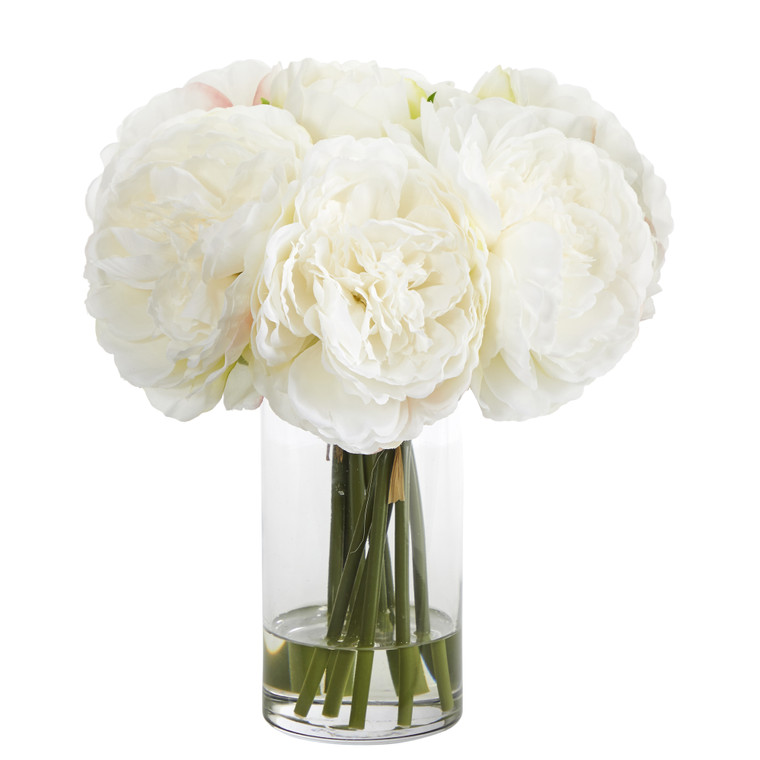 Nearly Natural 11" Peony Bouquet Artificial Arrangement In Glass Vase - White A1429-WH