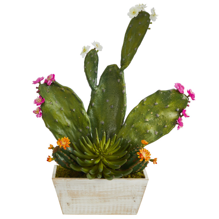 Nearly Natural 24" Mixed Cactus Succulent Artificial Plant In White Wash Planter P1350