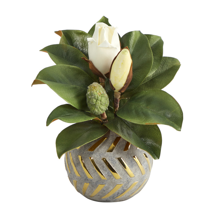 Nearly Natural 12" Magnolia Artificial Plant In Planter With Gold Trimming P1358
