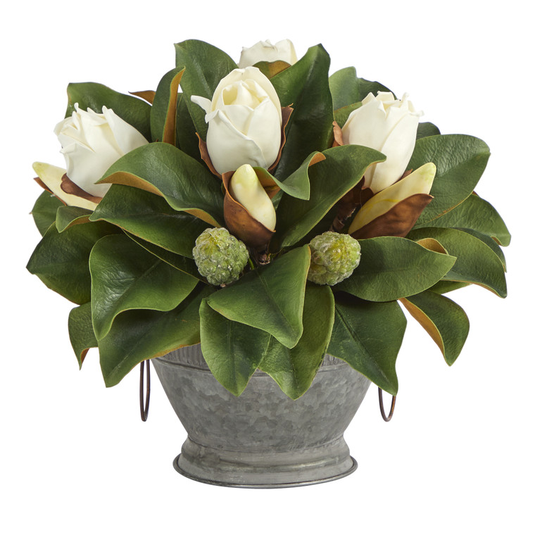 Nearly Natural 13" Magnolia Artificial Bud Plant In Vintage Bowl With Copper Trimming P1371