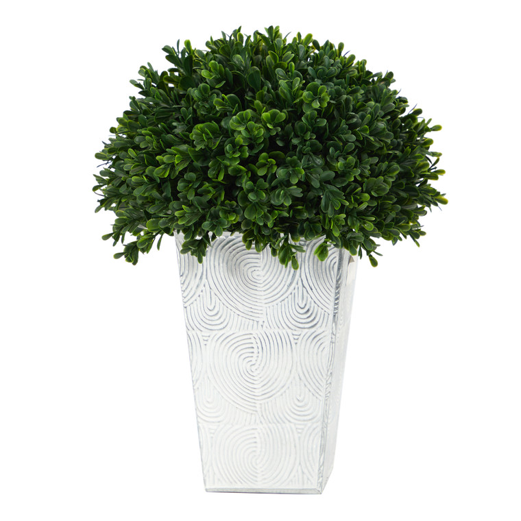Nearly Natural 13" Boxwood Topiary Artificial Plant In Embossed White Planter UV Resistant (Indoor/Outdoor) P1387