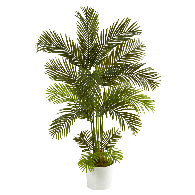 Nearly Natural 5.5' Areca Palm Artificial Tree In White Tin Planter T1237