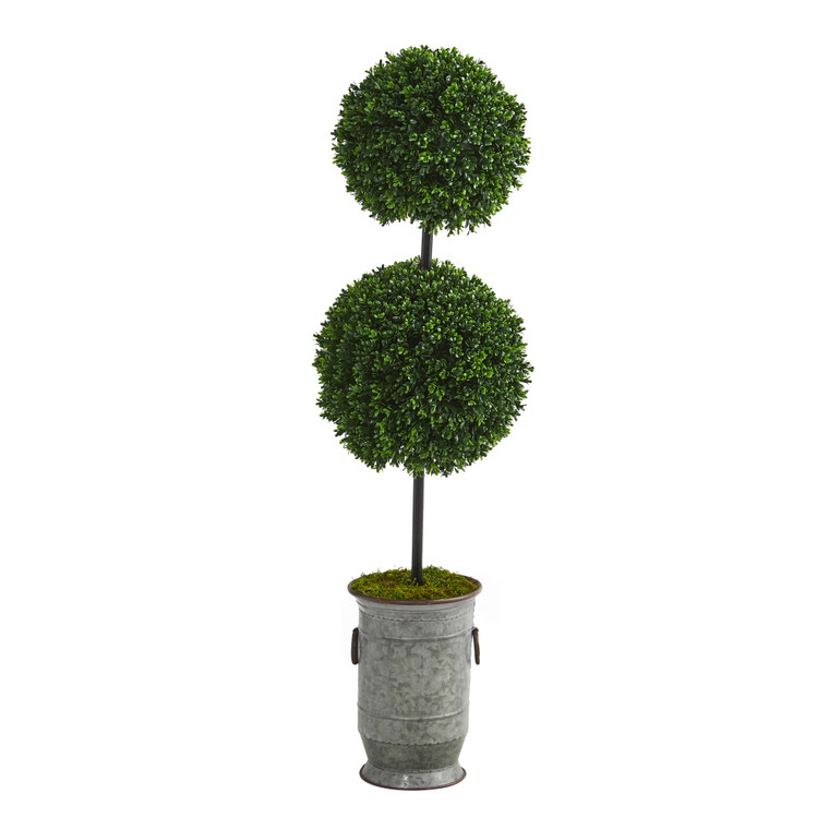 Nearly Natural 50" Boxwood Double Ball Artificial Topiary Tree In Vintage Metal Planter UV Resistant (Indoor/Outdoor) T1281