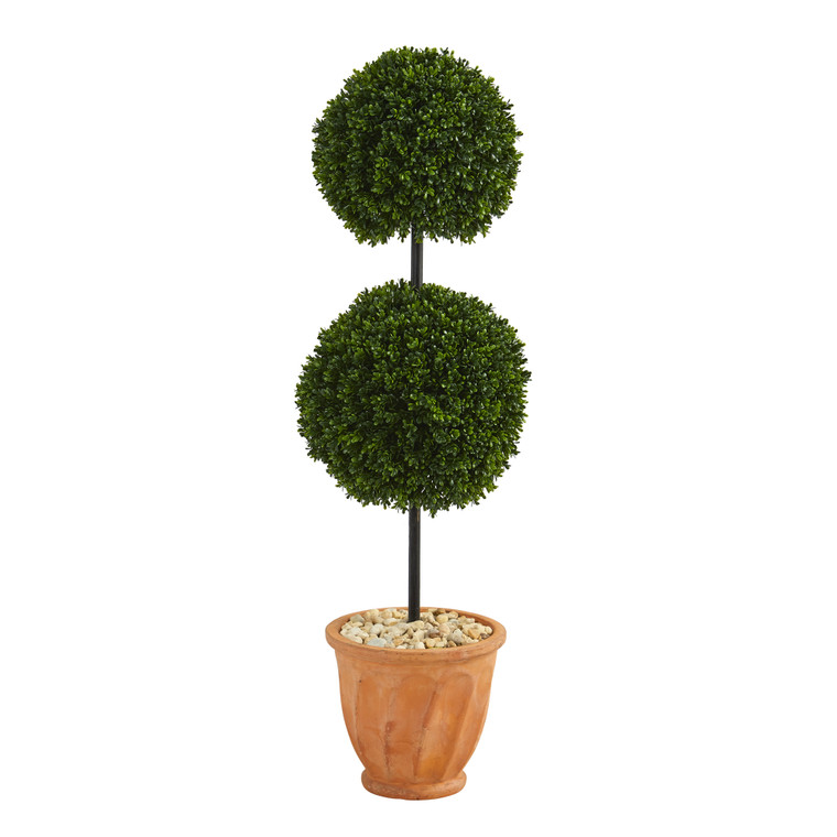 Nearly Natural 46" Boxwood Double Ball Artificial Topiary Tree In Terra-Cotta Planter UV Resistant (Indoor/Outdoor) T1284