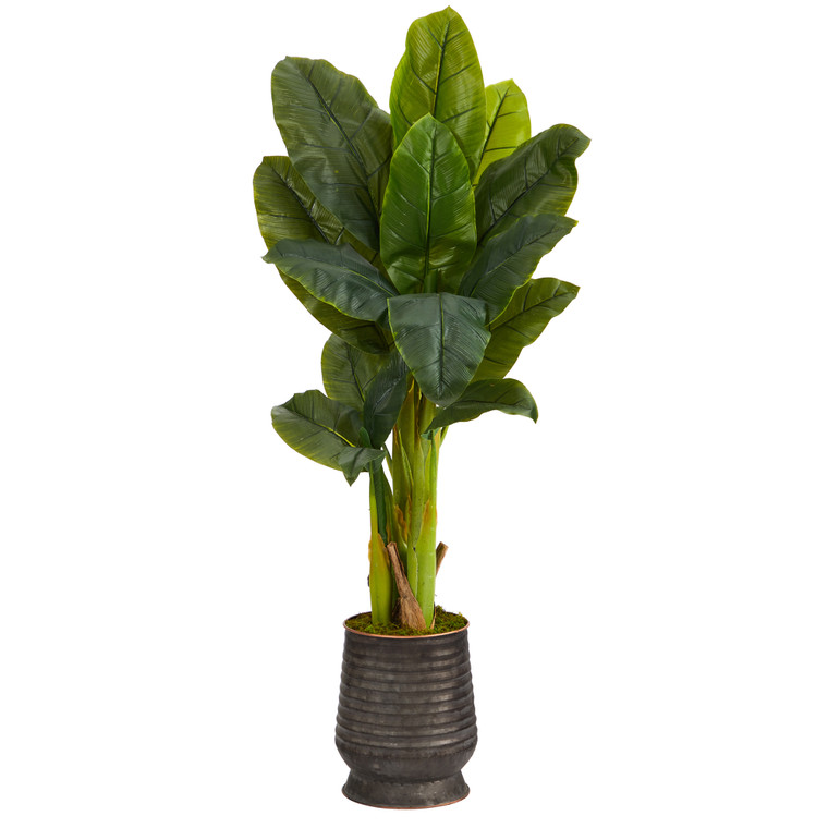 Nearly Natural 51" Triple Stalk Artificial Banana Tree In Ribbed Metal Planter (Real Touch) T1357