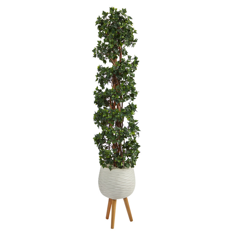 Nearly Natural 5.5' English Ivy Topiary Spiral Artificial Tree In White Planter With Stand UV Resistant (Indoor/Outdoor) T2172