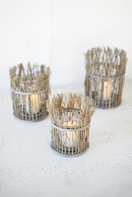 Set Of Three Twig Lanterns With Glass Insert CLUX1241 By Kalalou
