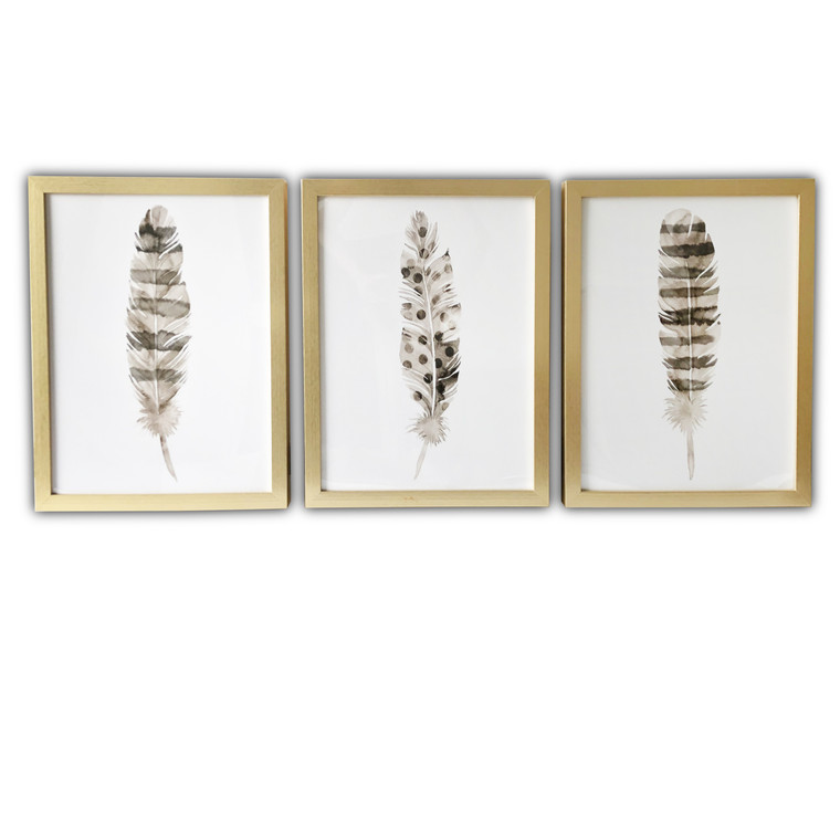 Homeroots Set Of Three Three Neutral Brown Feathers Framed Wall Art Set 401742