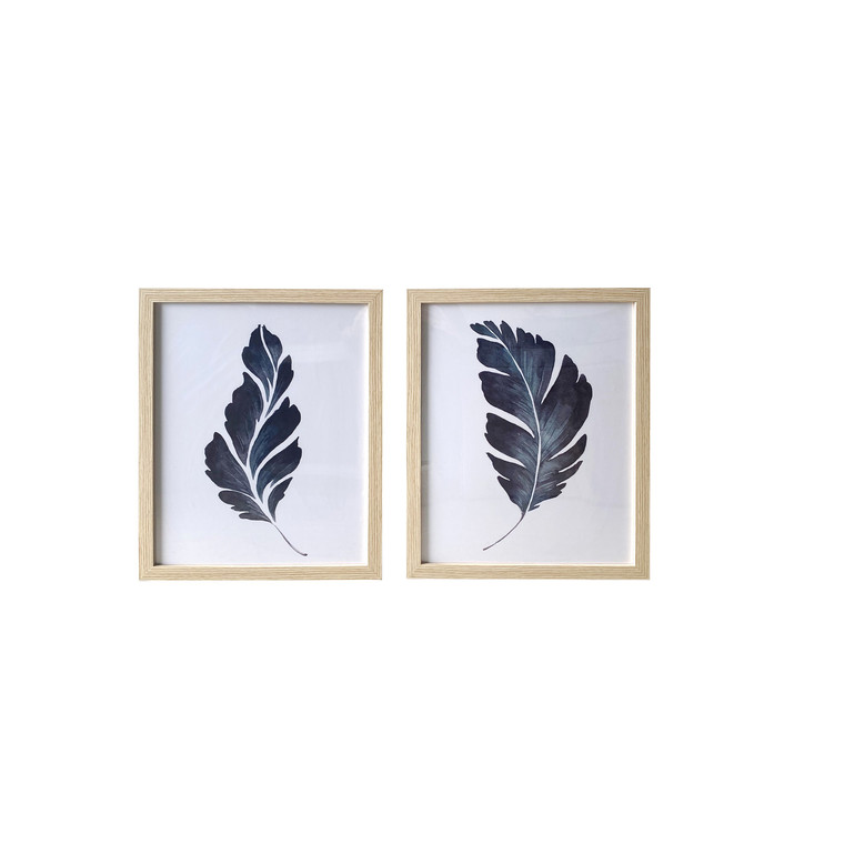 Homeroots Two Piece Rick Dark Blue Leaves Framed Canvas Wall Art Set 401752