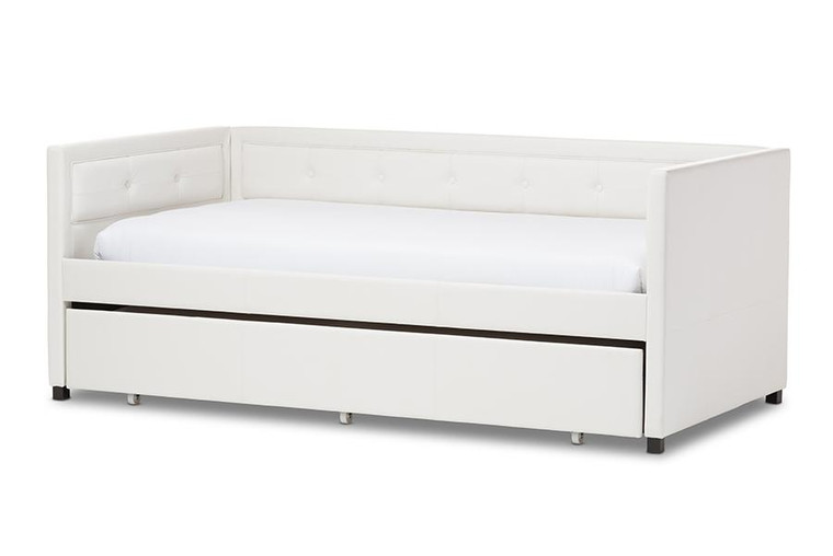Baxton Studio Frank Leather Button-Tufted Sofa Twin Daybed w/Trundle Frank-White-Daybed