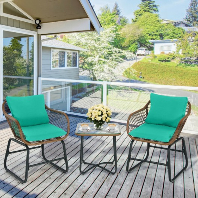 3 Pieces Patio Rattan Bistro Set Cushioned Chair Glass Table Deck-Turquoise OP70838TU