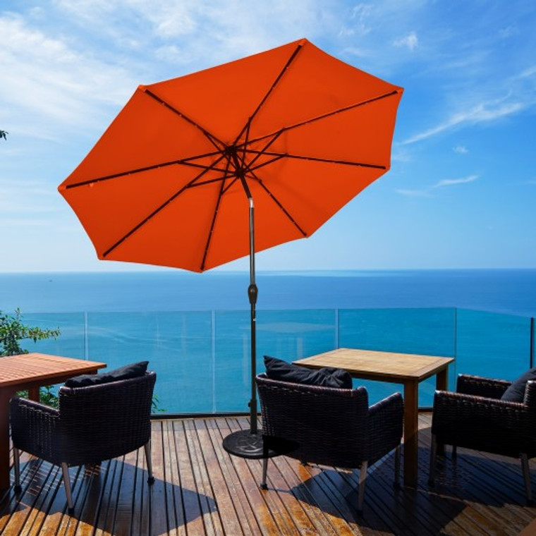 10' Solar Led Lighted Patio Market Umbrella Shade Tilt Adjustment Crank-Orange OP70706OR