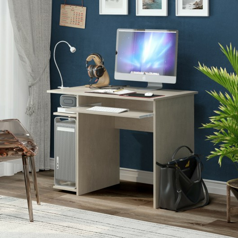 Compact Computer Desk With Slide-Out Keyboard Tray And Storage Shelves-Natural CB10184NA