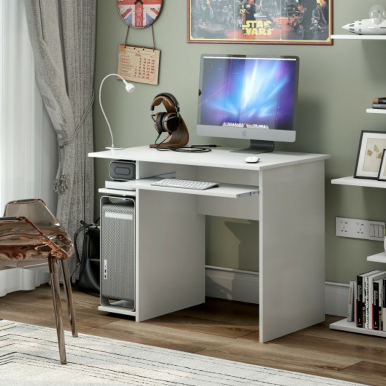 Compact Computer Desk With Slide-Out Keyboard Tray And Storage Shelves-White CB10184WH