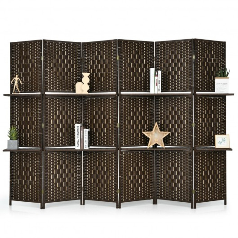 6 Panel Folding Weave Fiber Room Divider With 2 Display Shelves -Brown JV10161BN