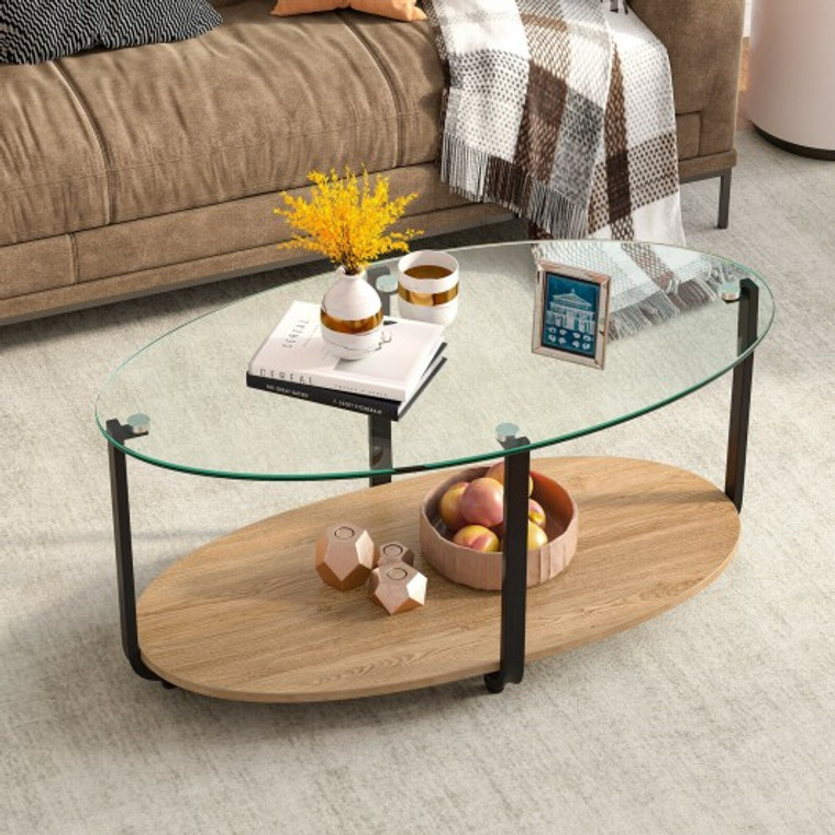 2-Tier Glass-Top Modern Coffee Table With Storage Shelf JV10022