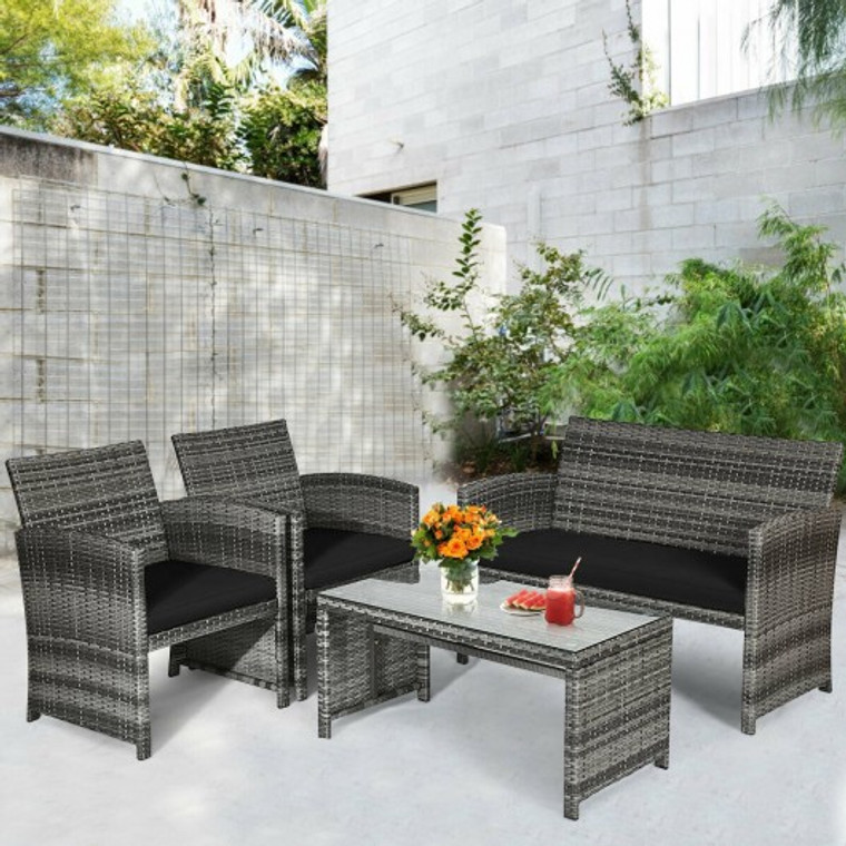 4 Pieces Patio Rattan Furniture Set With Glass Table And Loveseat-Black HW63238DK