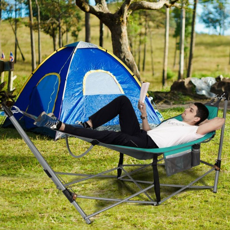 Folding Hammock Indoor Outdoor Hammock With Side Pocket And Iron Stand-Turquoise NP10175NY