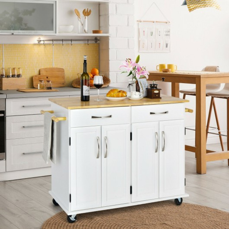 4-Door Rolling Kitchen Island Cart Buffet Cabinet With Towel Racks Drawers-White KC53140WH